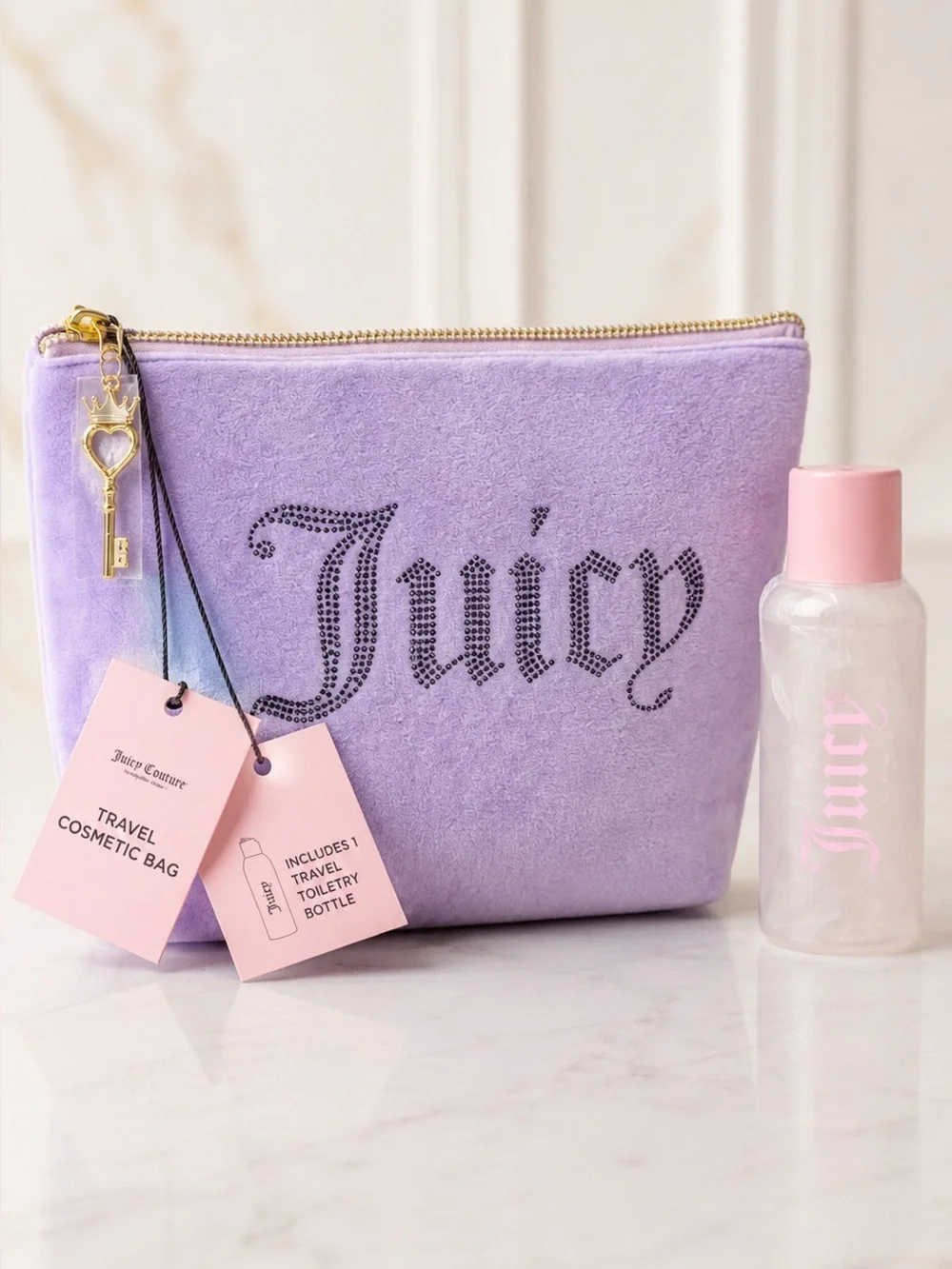 Juicy Couture Lavender Velour Rhinestone Makeup Bag + Travel Bottle NWT